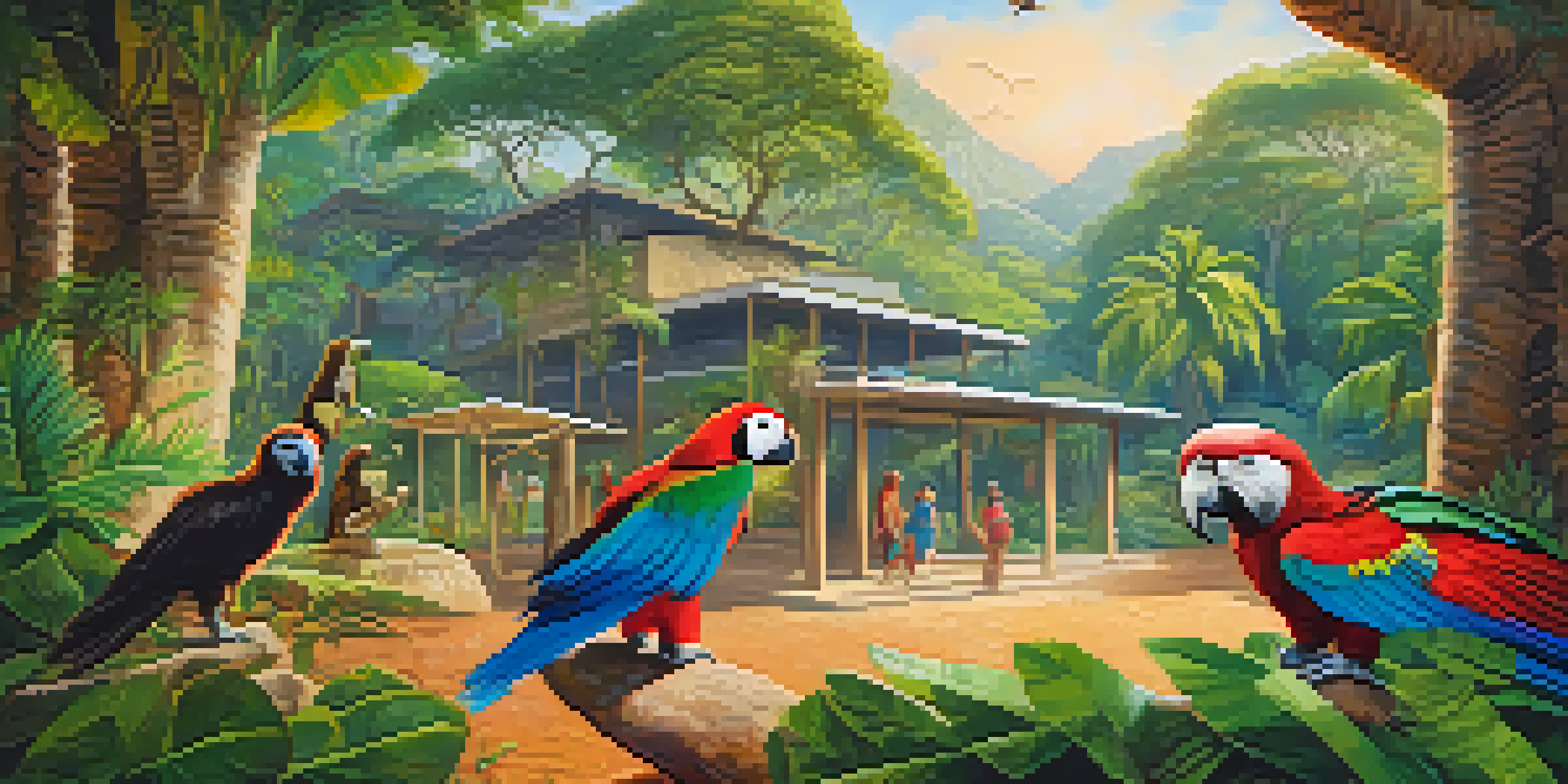 A wildlife rehabilitation center in Peru with various animals including an Andean condor, macaws, and a jaguar, set in a lush green environment with sunlight filtering through the leaves.