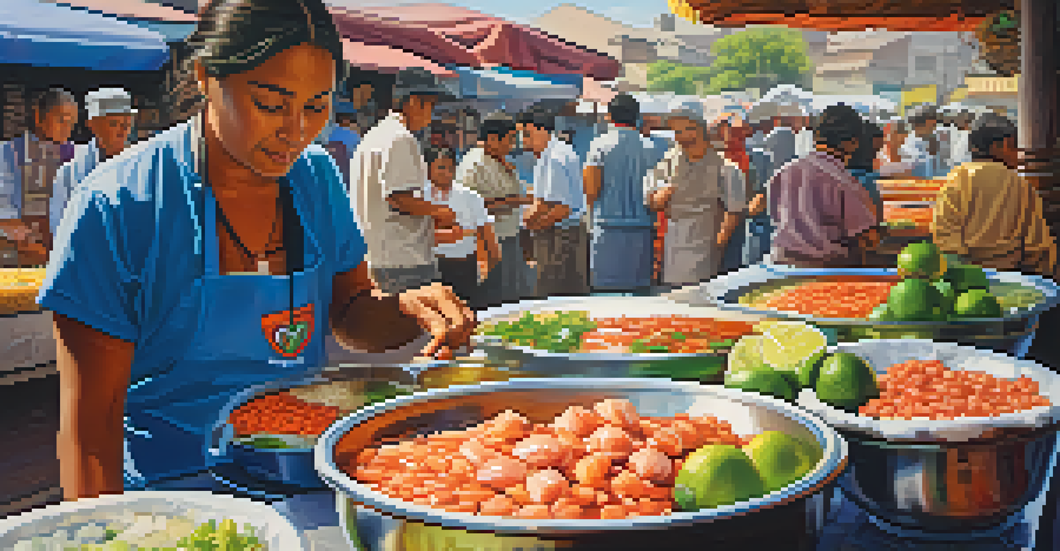 A street food vendor in Peru preparing ceviche with fresh ingredients.