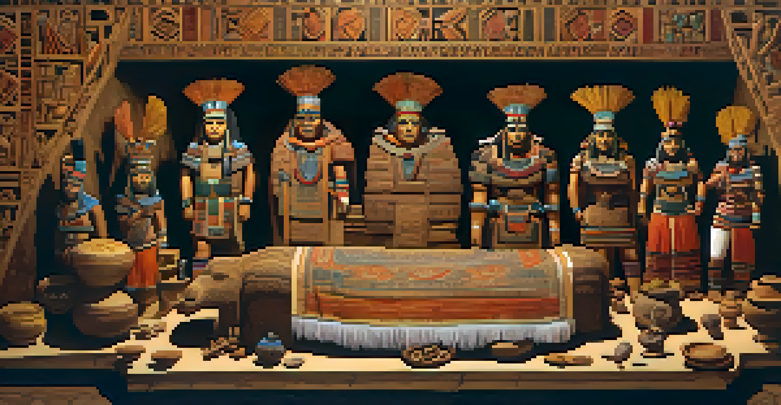 Artistic representation of a Moche ceremonial burial scene with offerings and royal tomb.