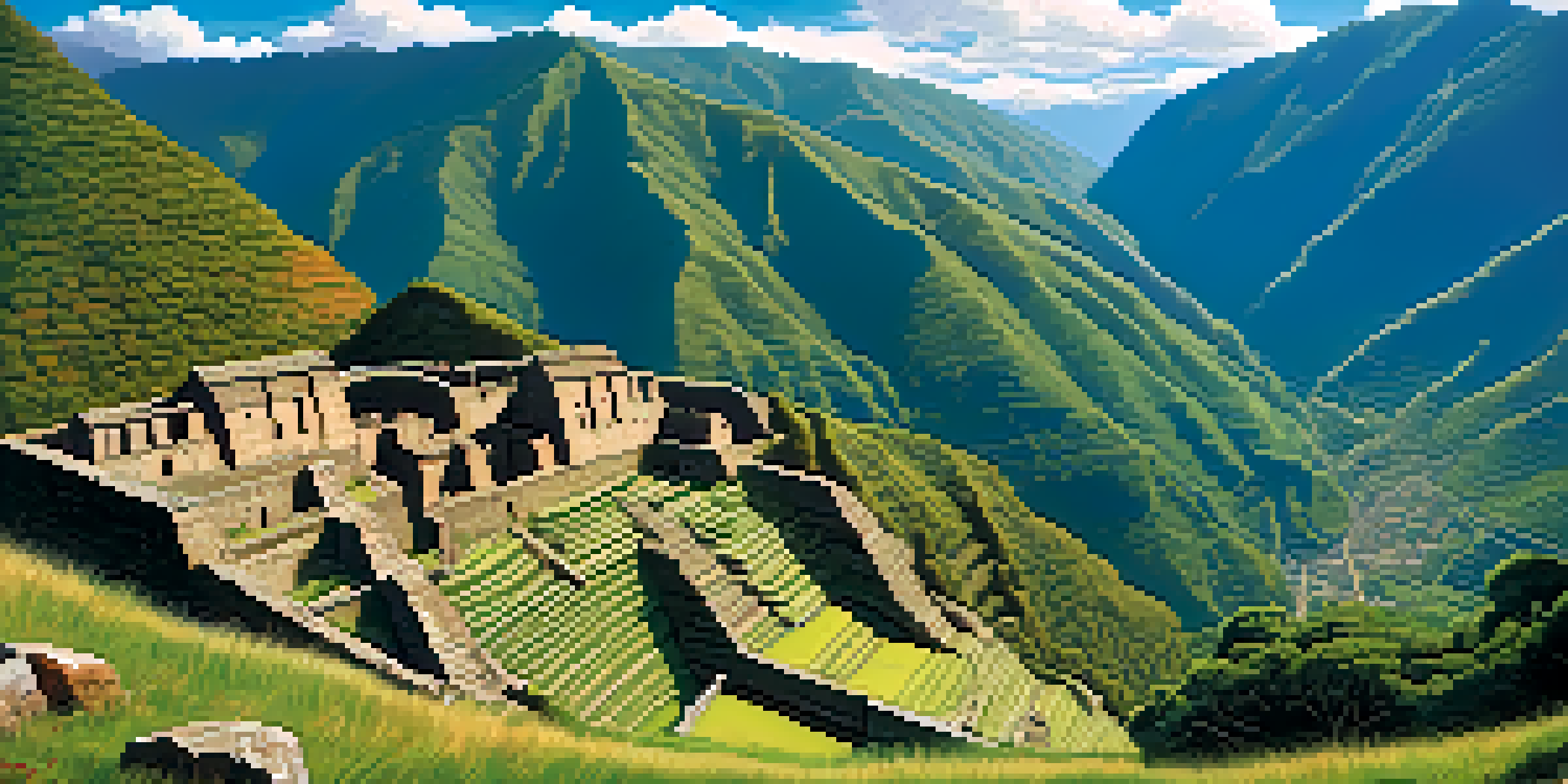 A wide view of the ancient Incan ruins of Choquequirao with green mountains and a blue sky.