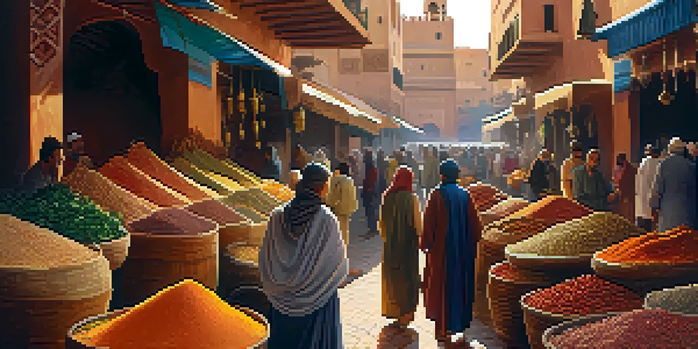 A lively market in Marrakech filled with colorful spices and crafts, with vendors and tourists engaging in a warm, sunlit atmosphere.