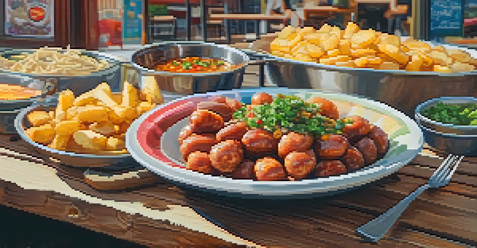 A detailed view of salchipapas, a traditional Peruvian dish with fried potatoes and sausages, garnished with sauces and cilantro against a blurred food stall backdrop.