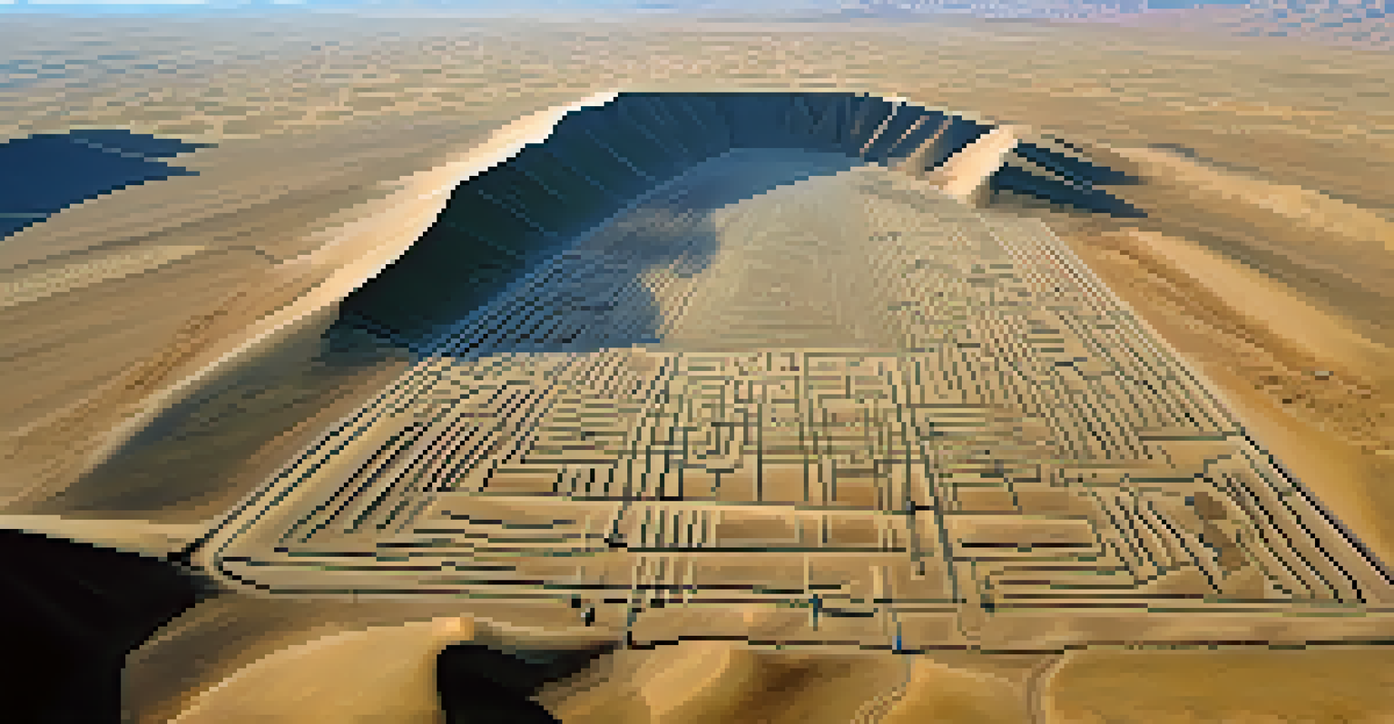 An aerial view of the Nazca Lines, showing intricate geoglyphs against the desert landscape.