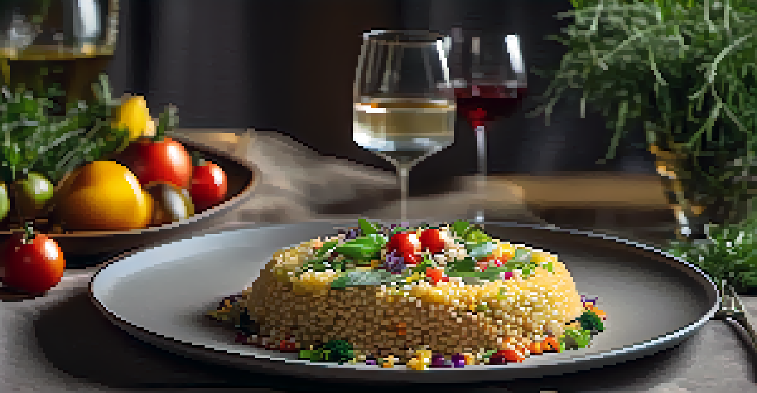 A plate of quinoa risotto garnished with herbs and vegetables, presented on an elegant dining table with soft lighting and Andean-themed decor in the background.