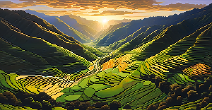 A panoramic view of the Sacred Valley featuring green fields, mountains, and a river at sunset.