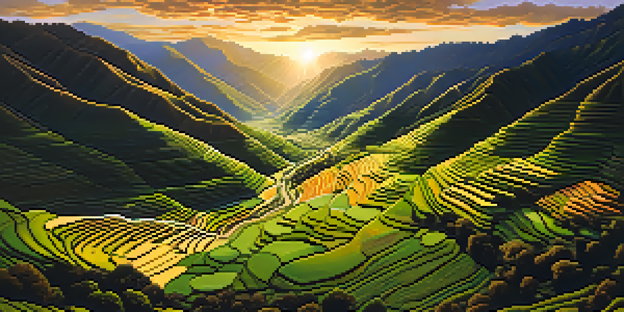 A panoramic view of the Sacred Valley featuring green fields, mountains, and a river at sunset.