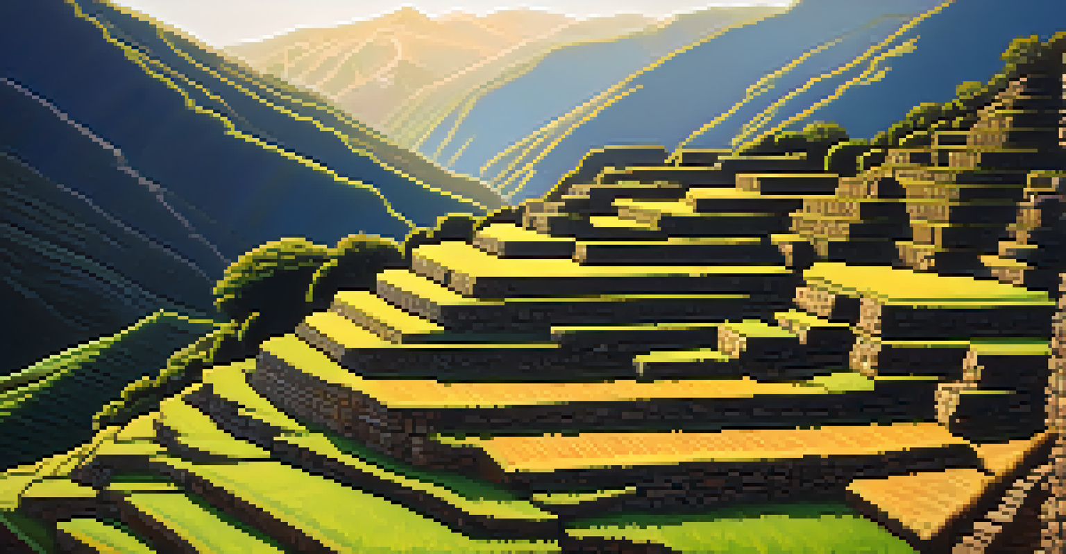 Detailed view of Incan agricultural terraces at Choquequirao with green crops bathed in warm sunlight.