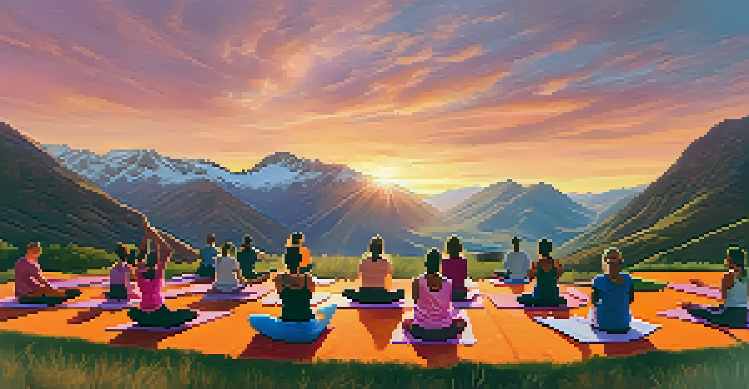 Participants practicing yoga outdoors at sunset in the Sacred Valley, with breathtaking mountain views and a colorful sky.