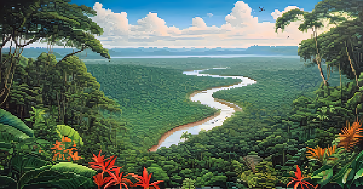A lush rainforest trail in Tambopata National Reserve, with birds flying among the trees and a clear blue sky overhead.