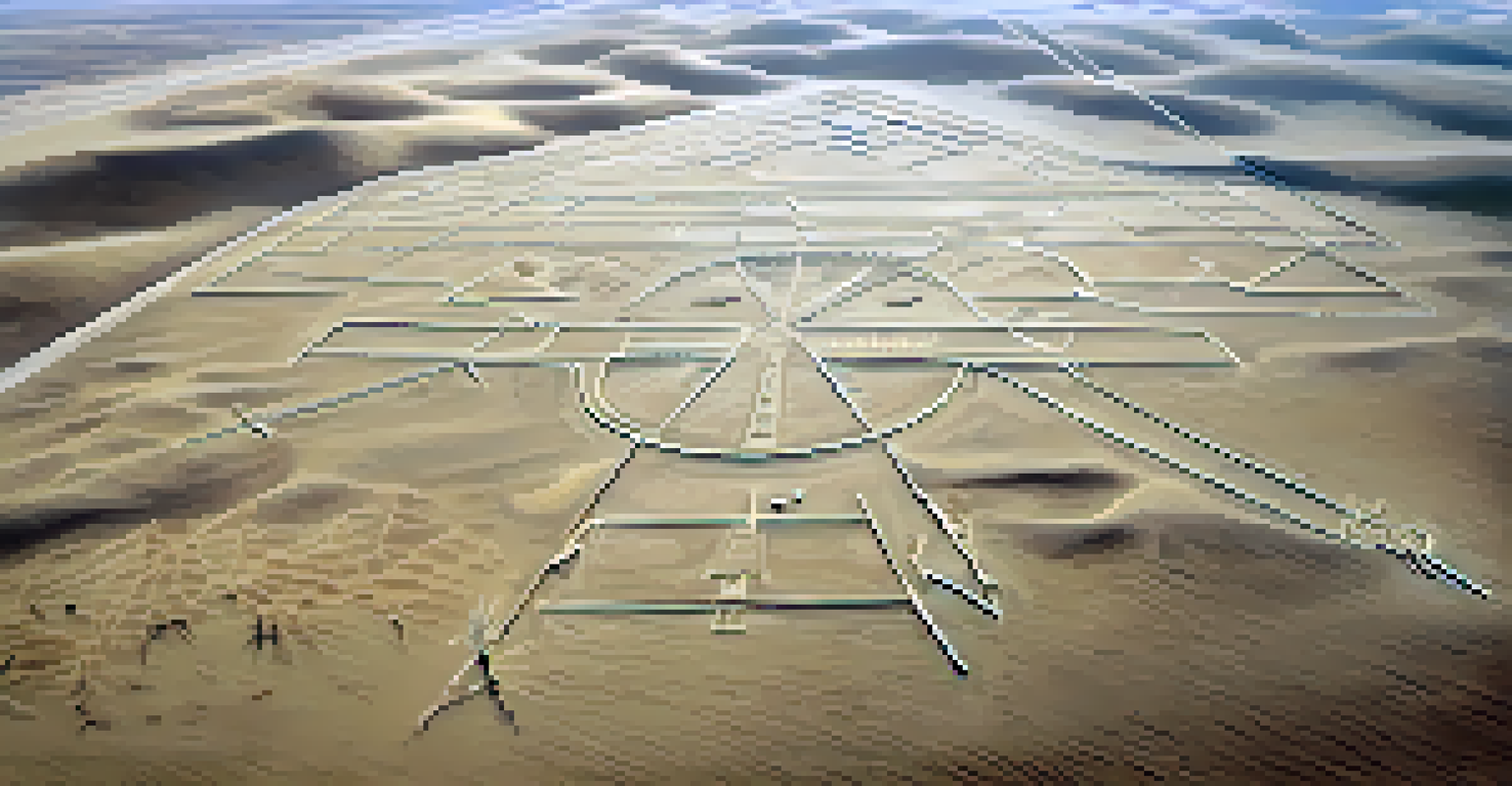 Aerial view of the Nazca Lines in the desert, highlighting various geoglyphs and the surrounding arid landscape.