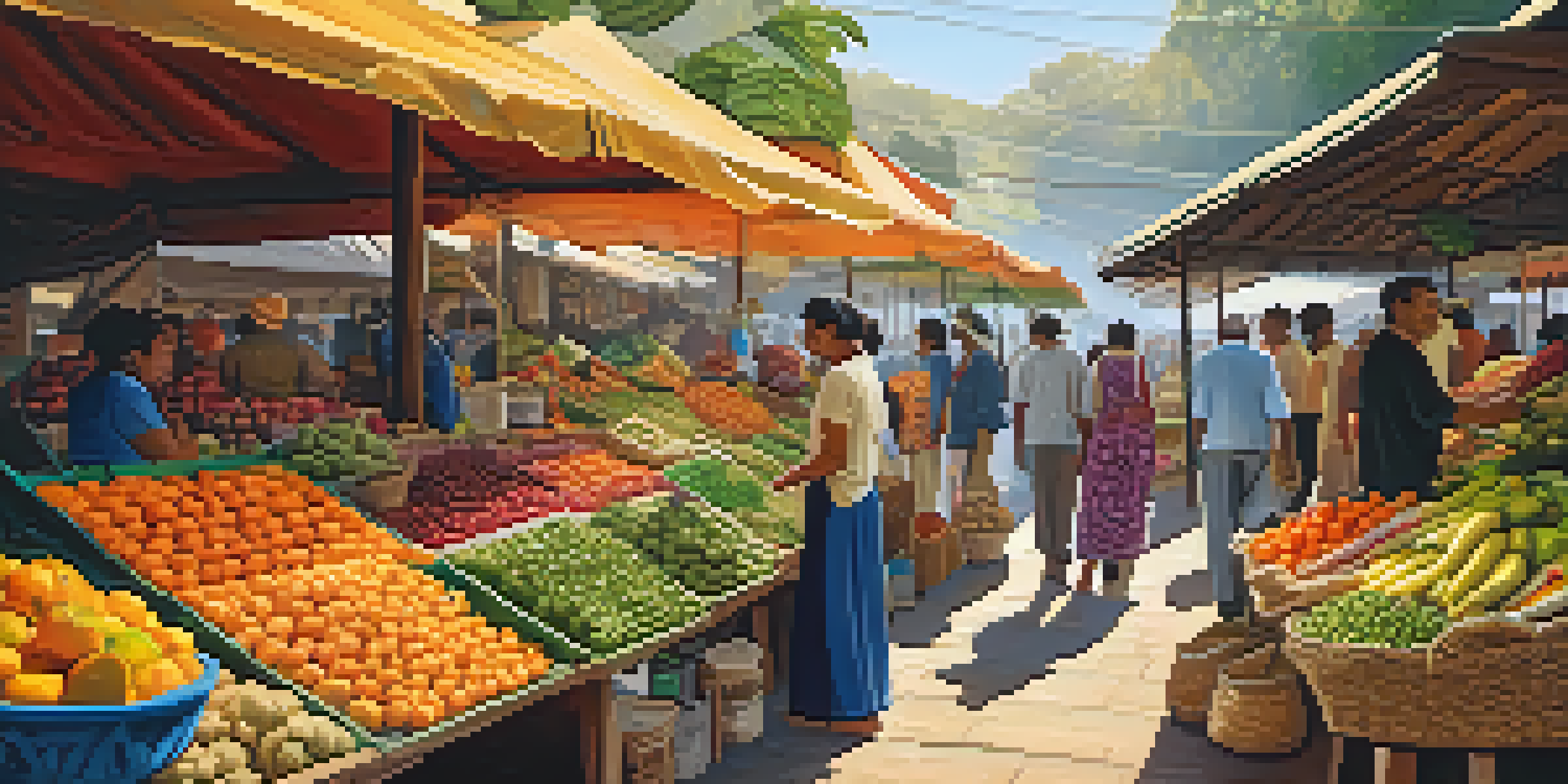 A bustling Peruvian market with colorful fruits and vegetables, including exotic ingredients, and local vendors interacting with customers.