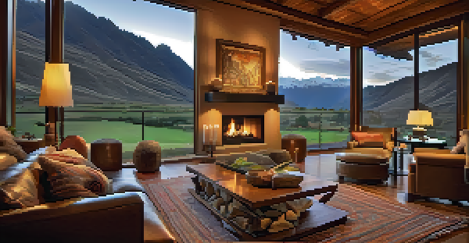 A luxurious lodge room with large windows overlooking the Andes mountains, featuring plush furnishings and warm lighting.