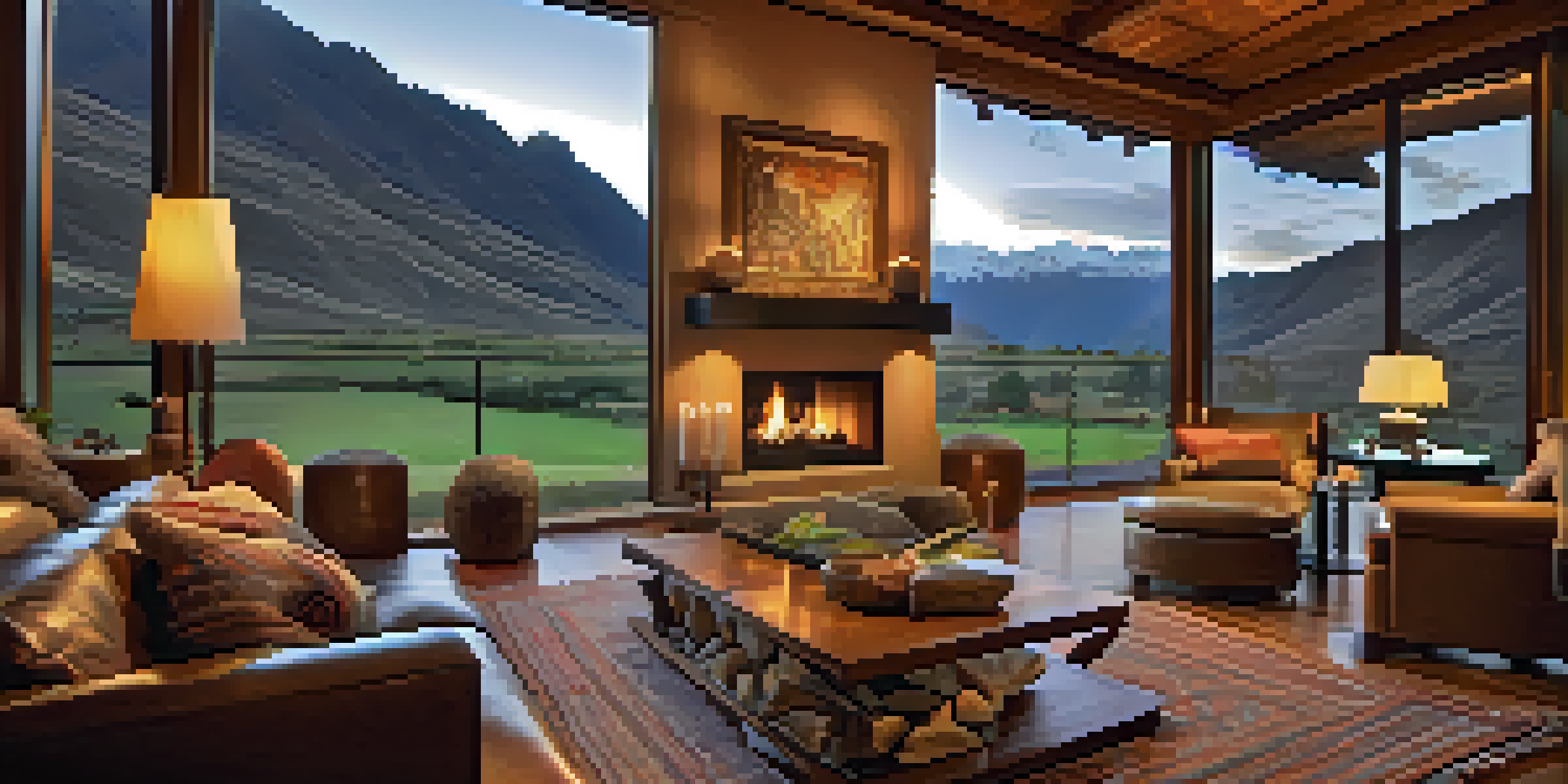 A luxurious lodge room with large windows overlooking the Andes mountains, featuring plush furnishings and warm lighting.