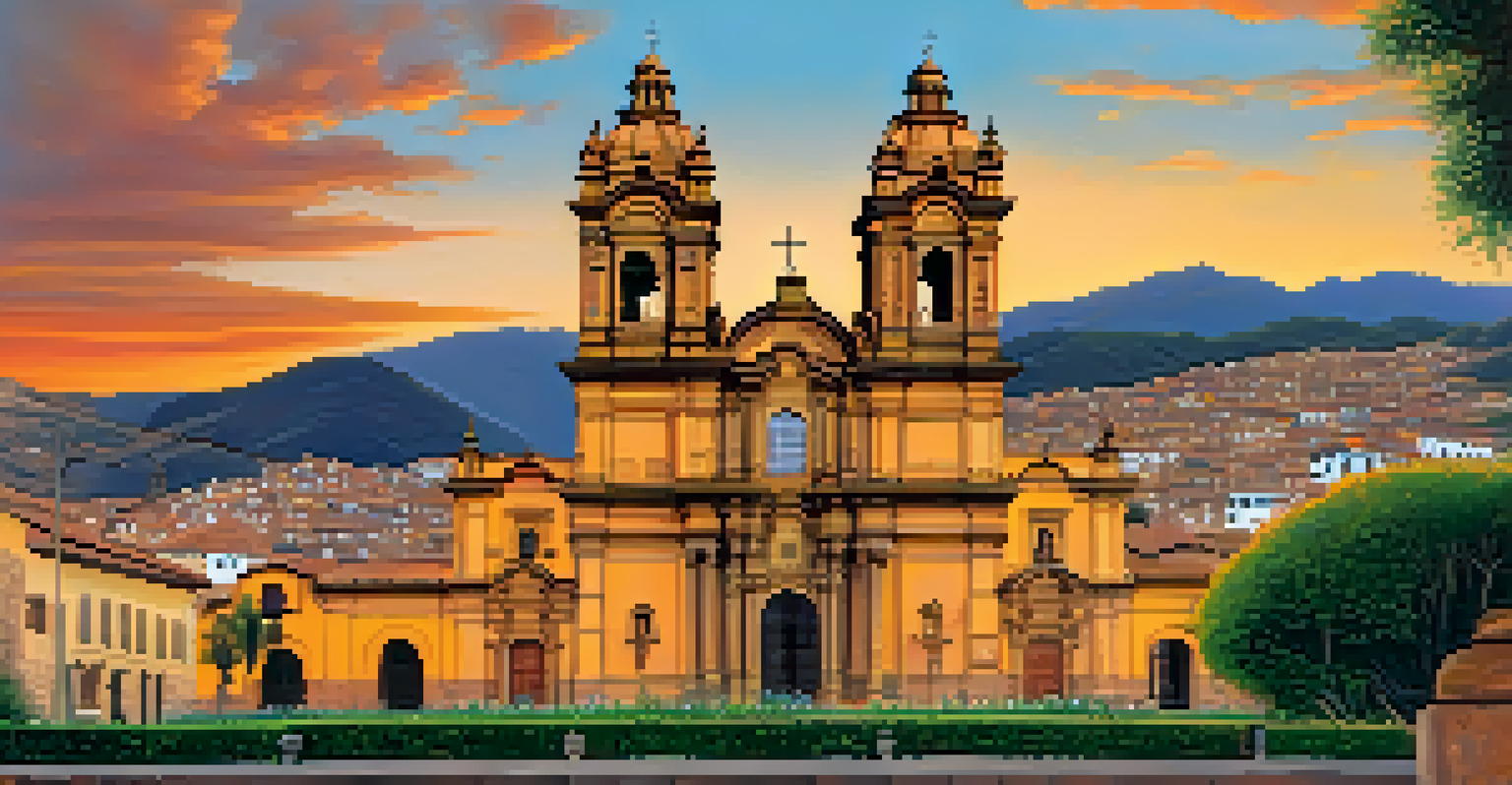 A colonial church in Cusco, Peru, illuminated by sunset light with indigenous flowers in the foreground.