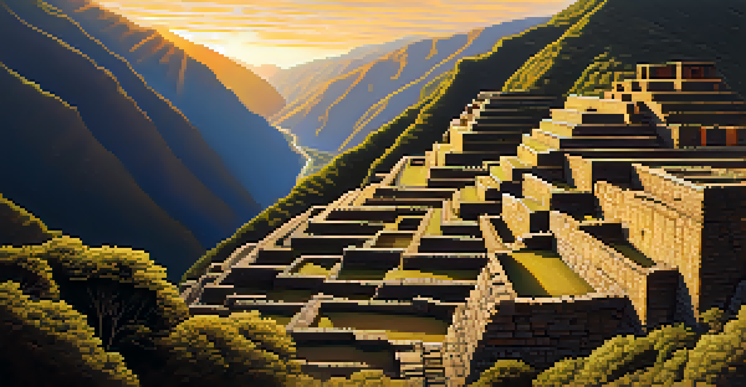Aerial view of Choquequirao ruins with temples and terraces surrounded by the rugged landscape of Apurímac Canyon at sunset.