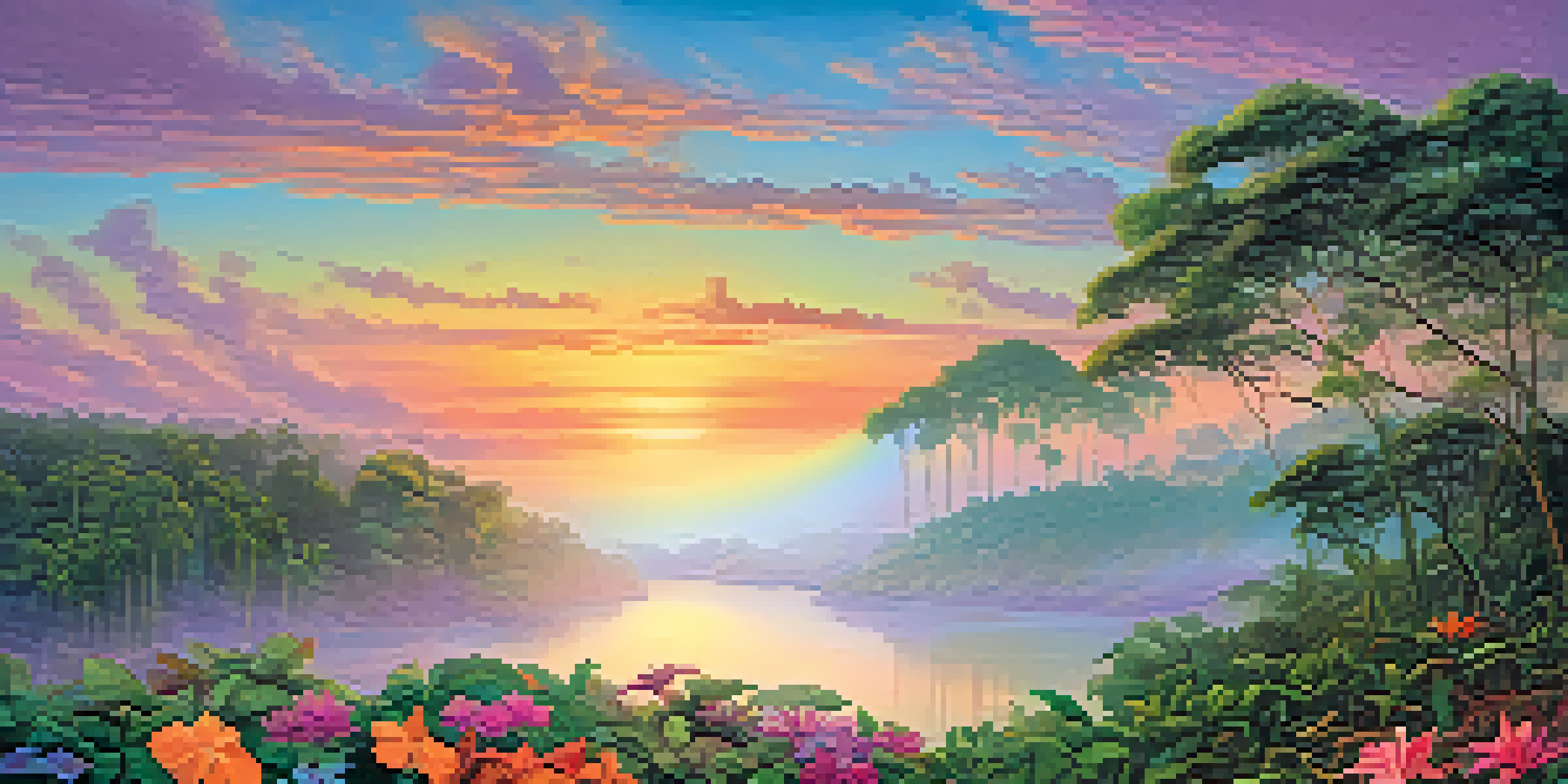 A stunning sunrise view of the Amazon rainforest with lush green trees, colorful flowers, mist, and a river reflecting the vibrant colors of the sky.