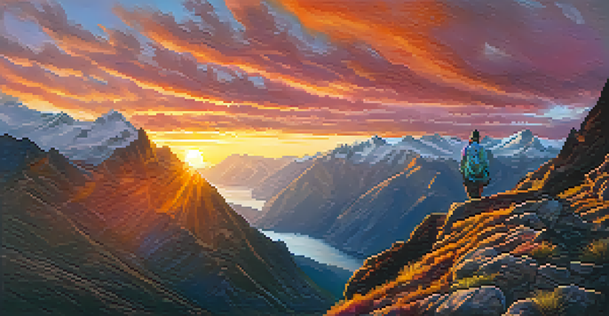 A hiker stands on a rocky outcrop overlooking the colorful sunrise in the Peruvian mountains, with a water bottle in hand.