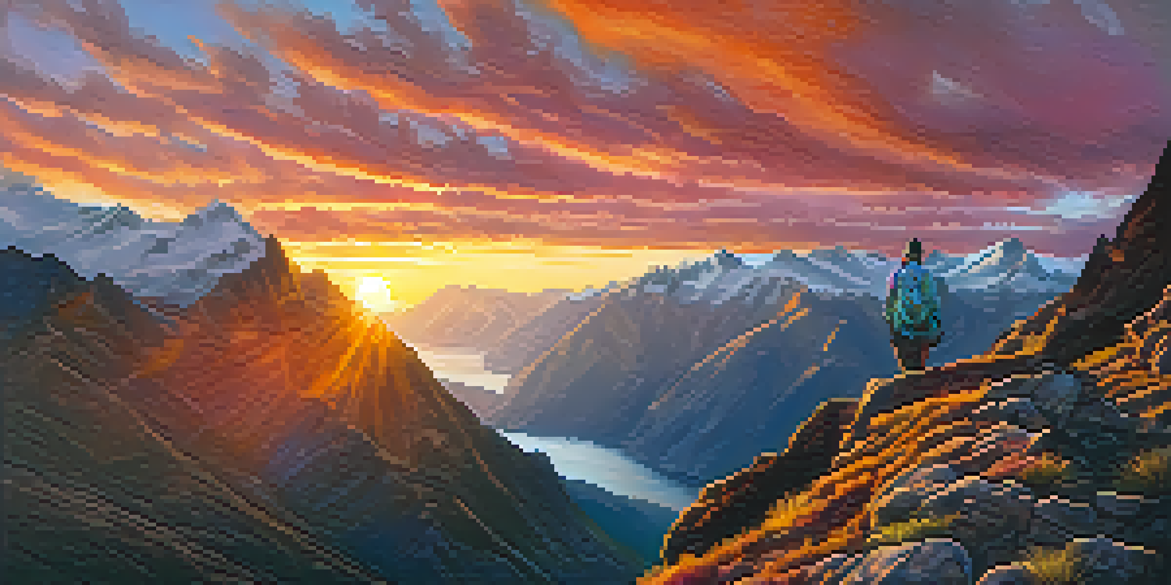 A hiker stands on a rocky outcrop overlooking the colorful sunrise in the Peruvian mountains, with a water bottle in hand.