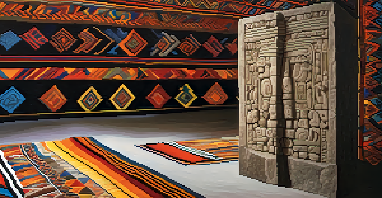 The Lanzón stone sculpture in a ceremonial space, surrounded by colorful textile patterns, showcasing its cultural and religious importance.