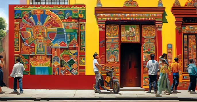 A colorful mural with traditional Peruvian designs on a city street, with people admiring the art in warm sunlight.