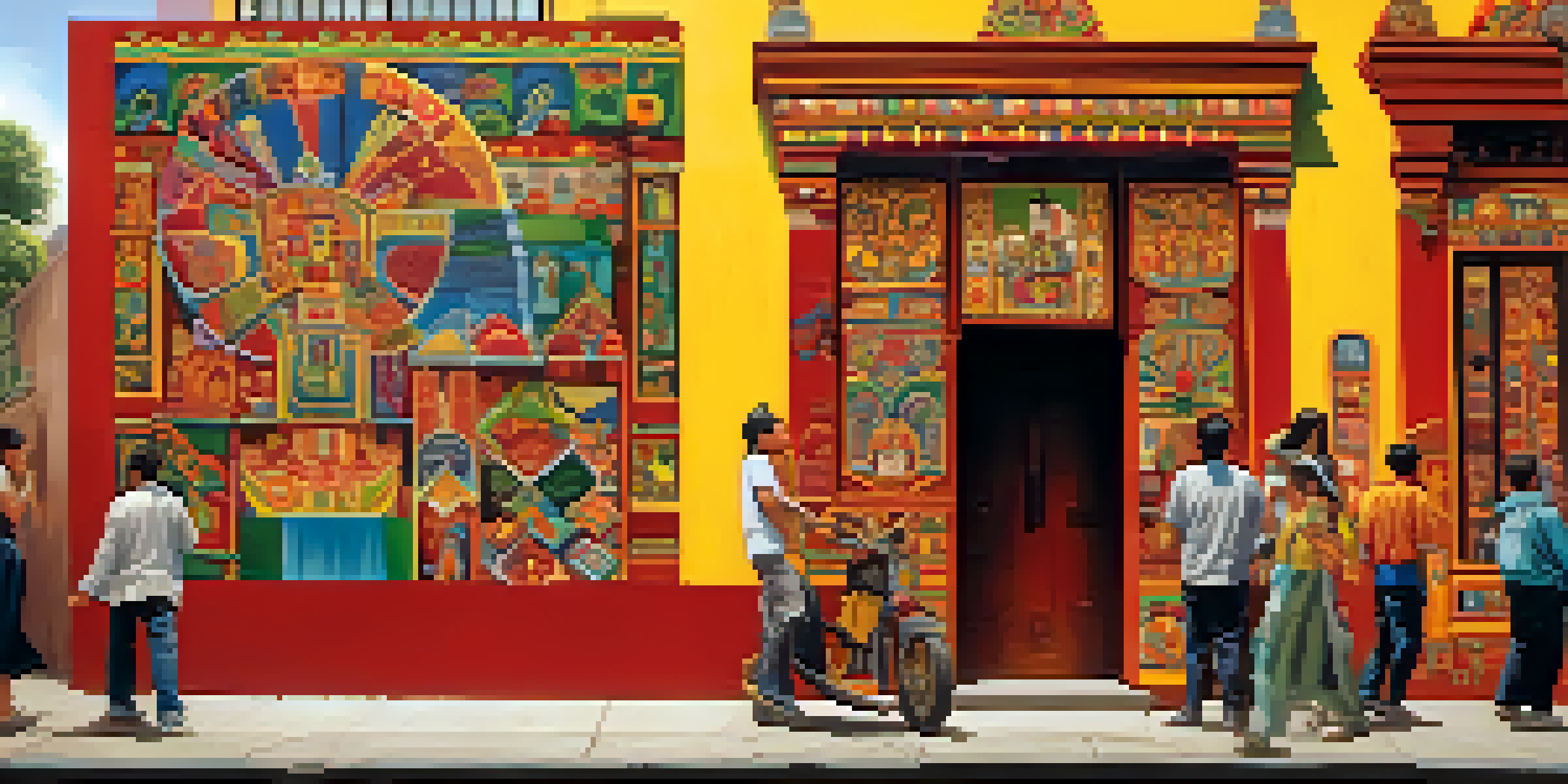 A colorful mural with traditional Peruvian designs on a city street, with people admiring the art in warm sunlight.