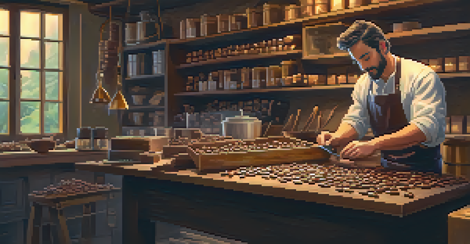 An artisan chocolatier in a warm workshop, crafting chocolate bars with rich textures and warm lighting.
