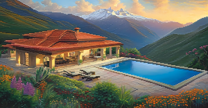 A beautiful private villa in the Andes mountains, with traditional architecture and vibrant flowers in the foreground, under a sunset sky.