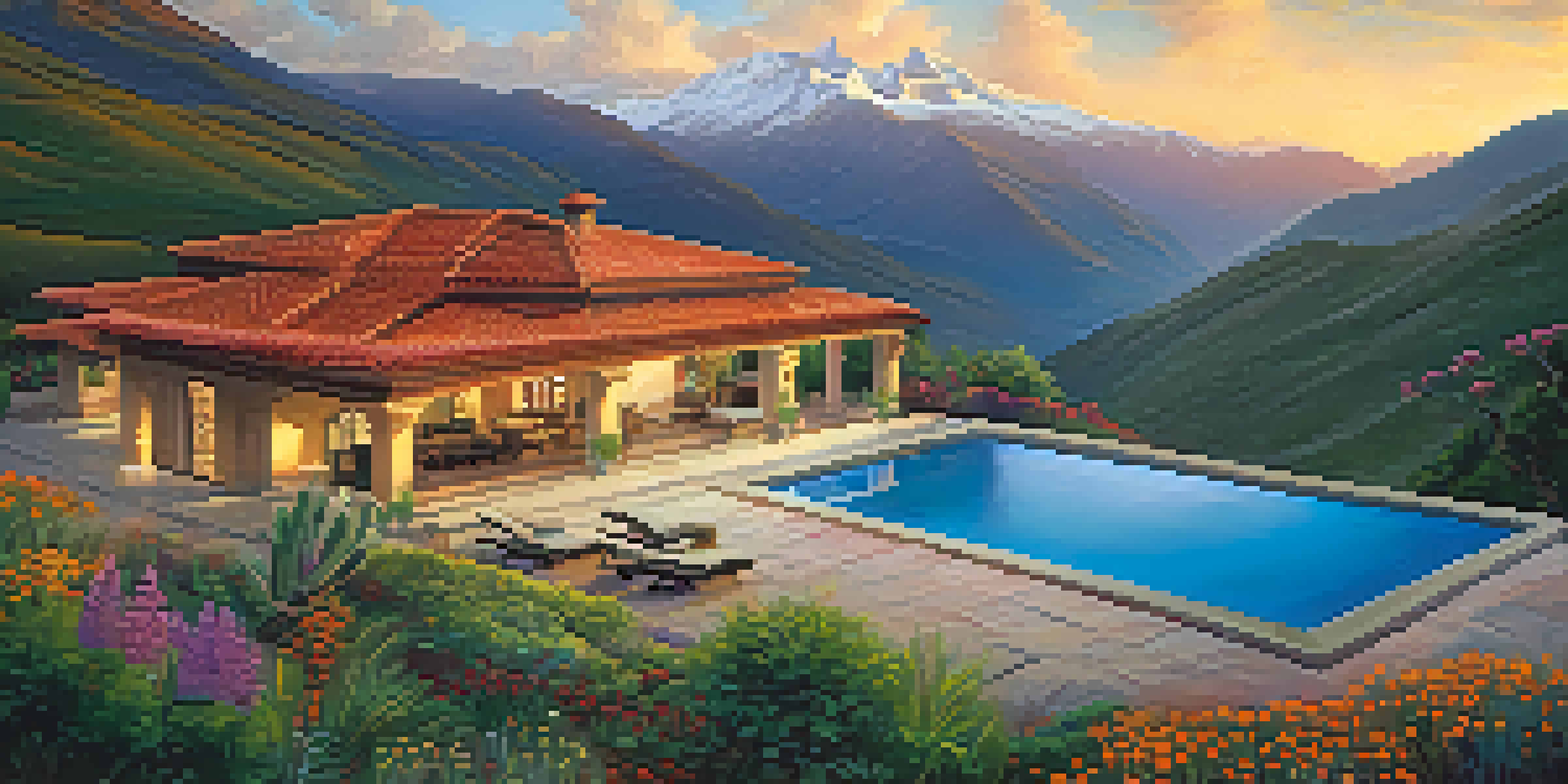 A beautiful private villa in the Andes mountains, with traditional architecture and vibrant flowers in the foreground, under a sunset sky.