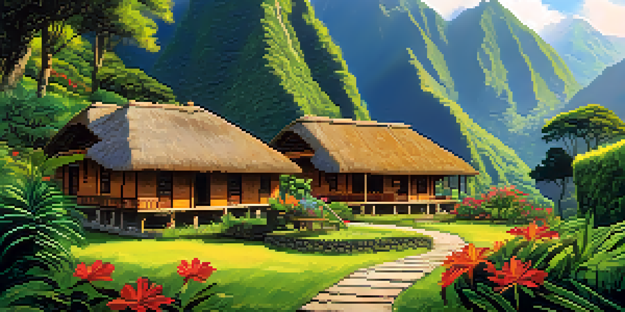 An eco-lodge in a cloud forest with casitas, tropical flowers, and guests having breakfast on a terrace.