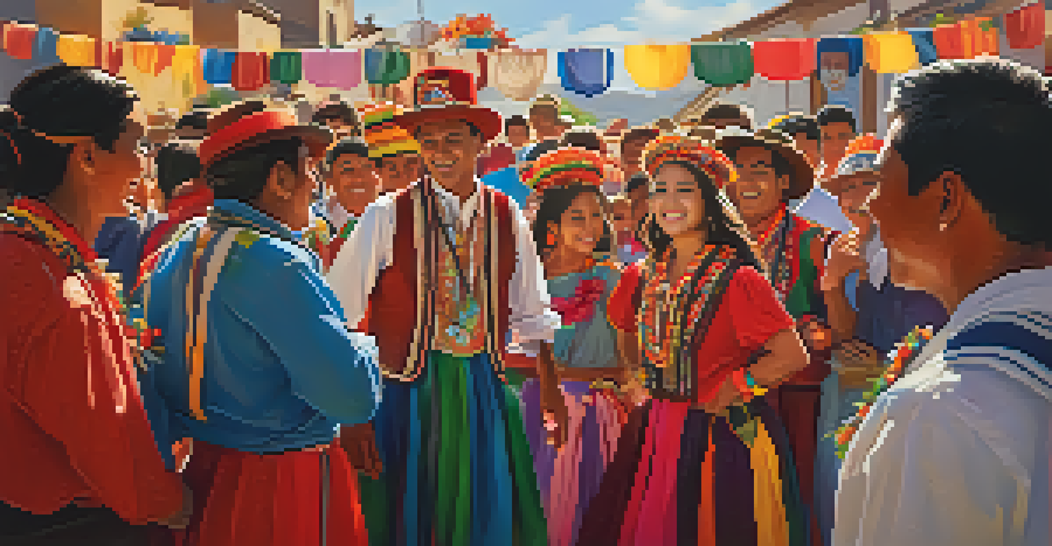 A joyful celebration during a Peruvian festival, featuring dancers in traditional costumes and a decorated town square.