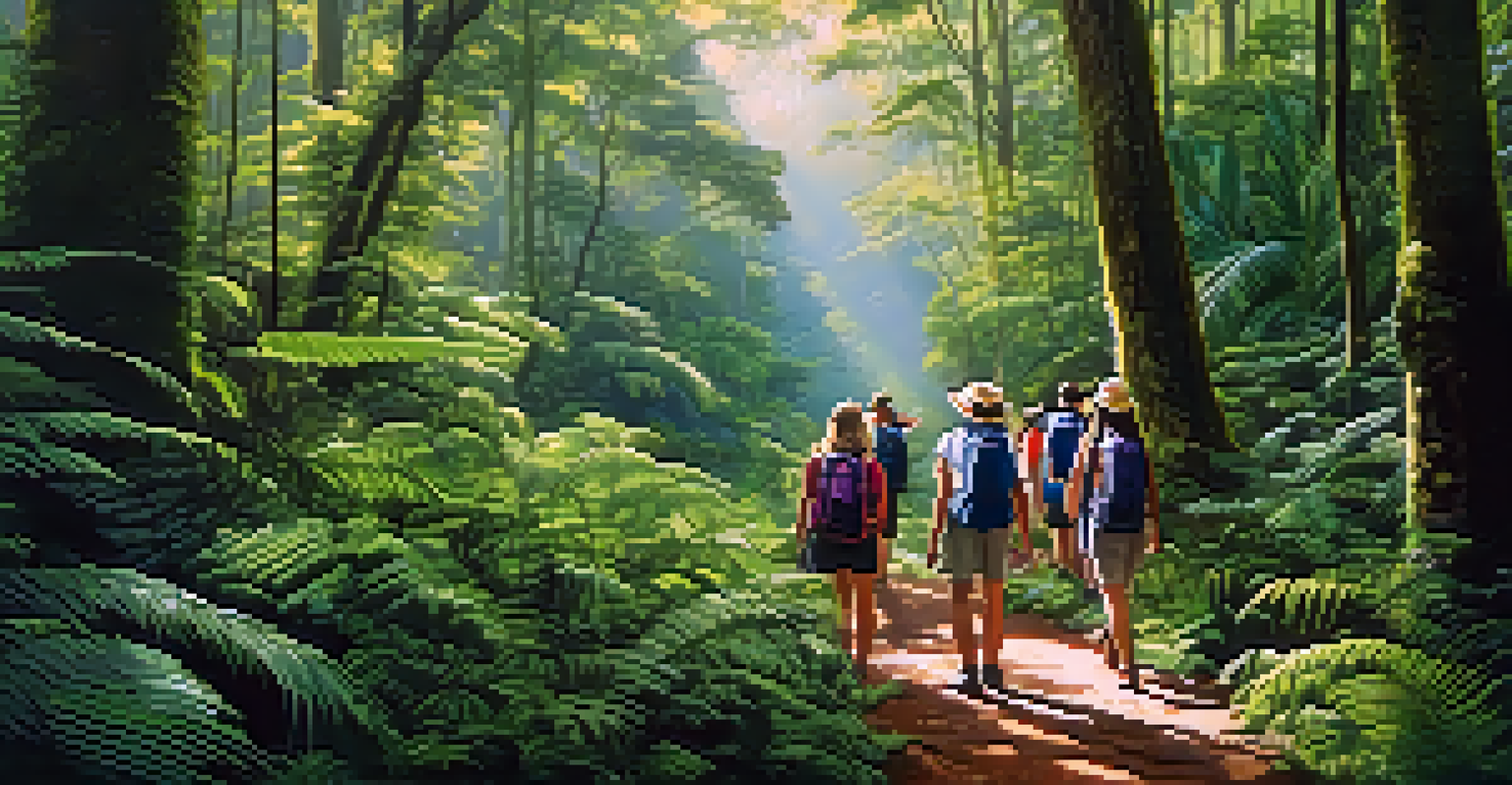 Travelers hiking through a lush rainforest, guided by a local expert among towering trees and vibrant plants, with sunlight filtering through.