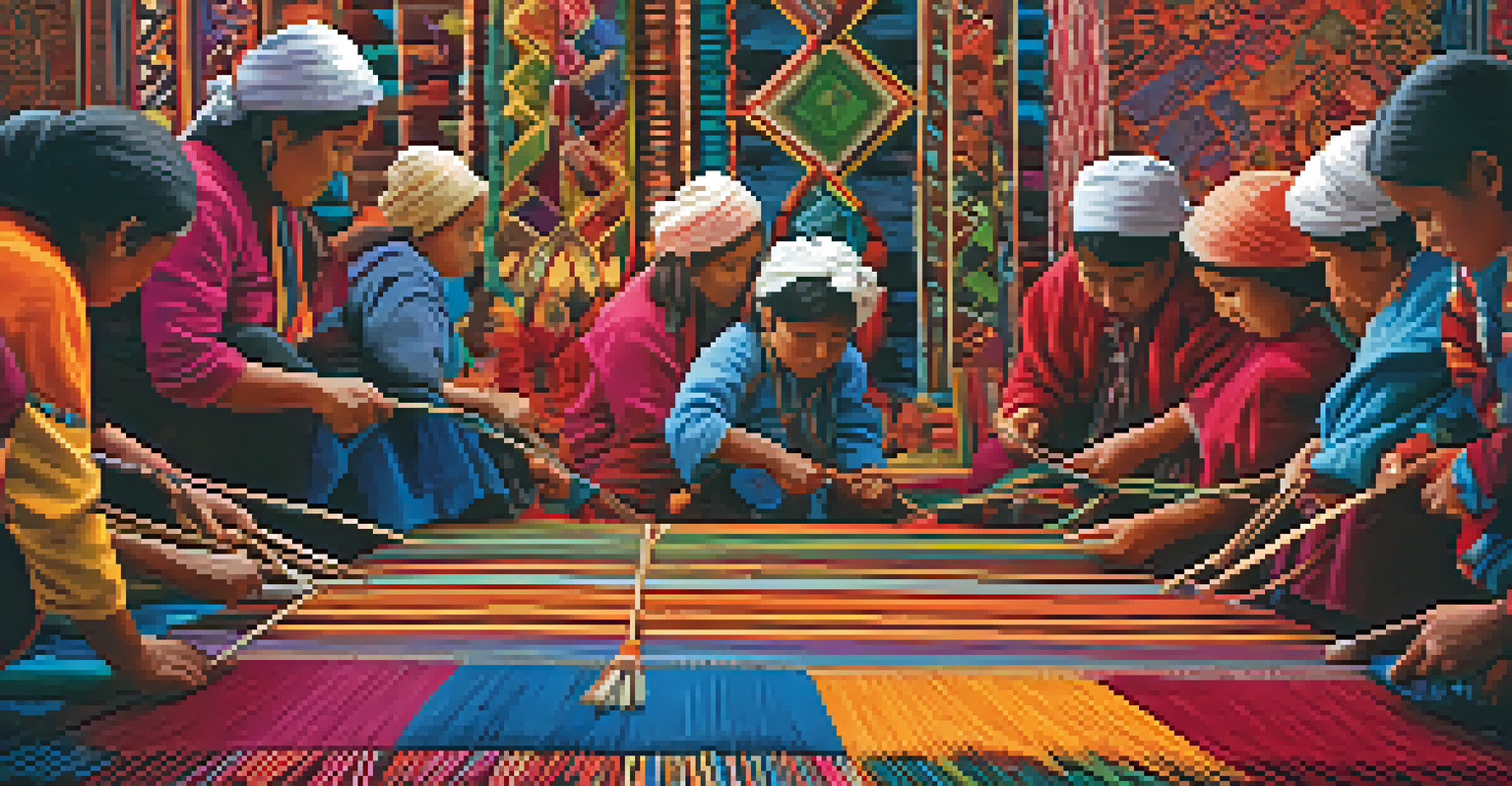 Artisans weaving colorful textiles in Peru, showcasing traditional techniques and intricate patterns.