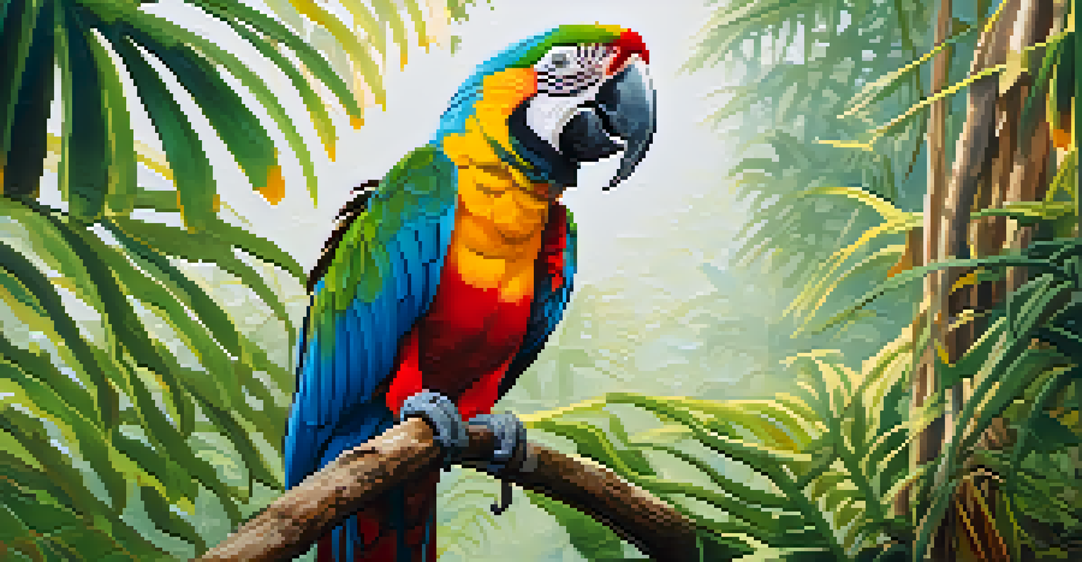 A bright macaw resting on a branch in the rainforest, surrounded by lush green leaves and sunlight.