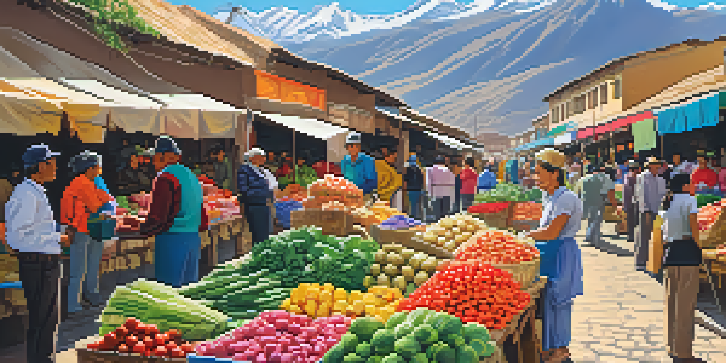 A lively Peruvian market with colorful stalls, fresh produce, and vendors interacting with customers against a backdrop of the Andes mountains.