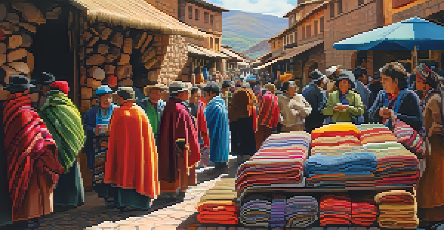 Colorful textile market with handwoven blankets and ponchos, and a vendor engaging with a customer.