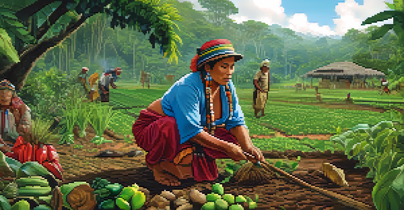 An Indigenous person practicing agroforestry in the Amazon, surrounded by various crops and lush greenery, wearing traditional attire.