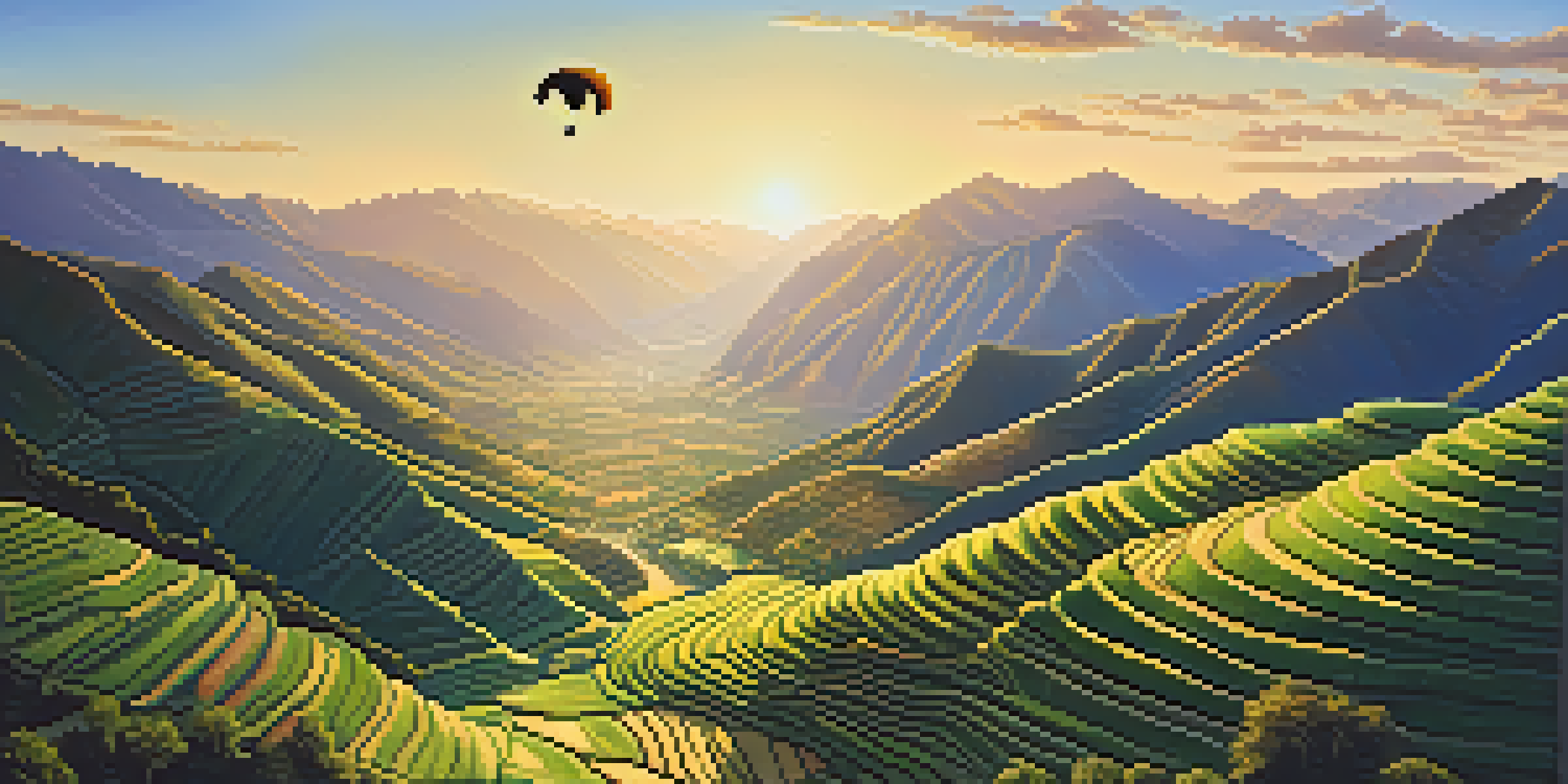 A scenic view of the Sacred Valley with green terraces and mountains at sunrise, featuring a paraglider in the sky.