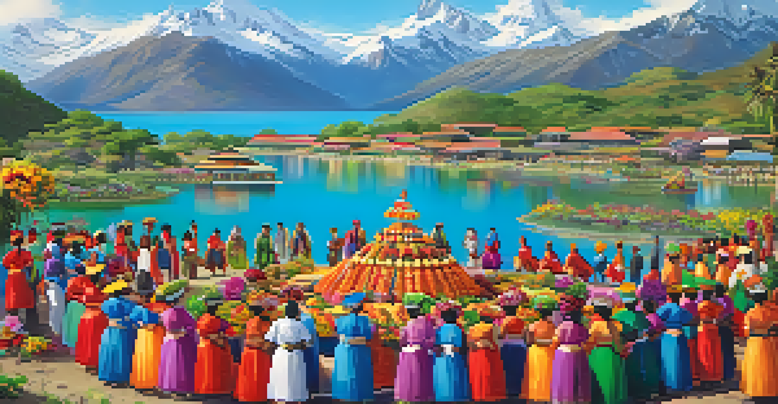 A cultural ceremony by a lagoon with locals in traditional dress offering flowers and fruits, set against a backdrop of mountains.