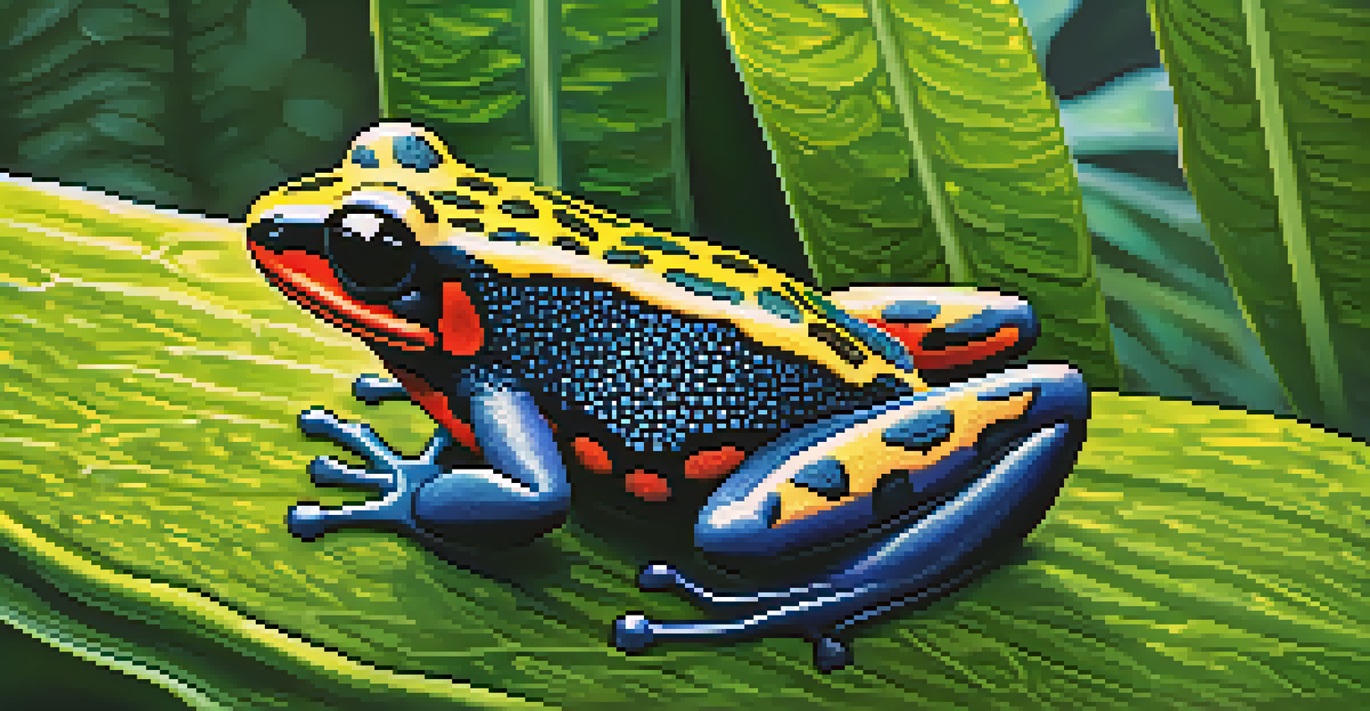 A close-up of a poison dart frog on a leaf, highlighting its vibrant colors and the detailed textures of its skin.