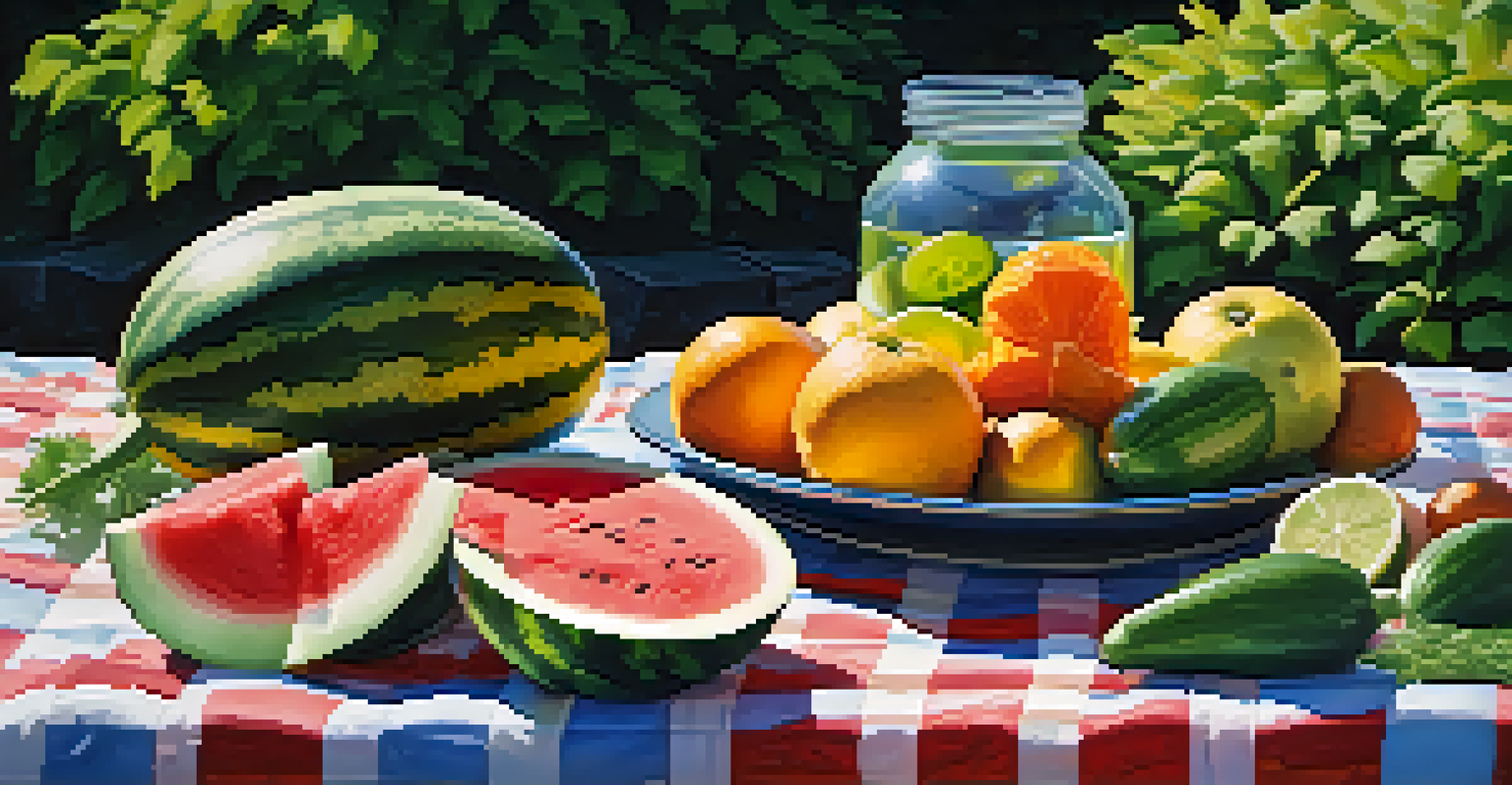 A picnic scene featuring hydrating fruits and vegetables like watermelon, cucumbers, and oranges under sunlight.