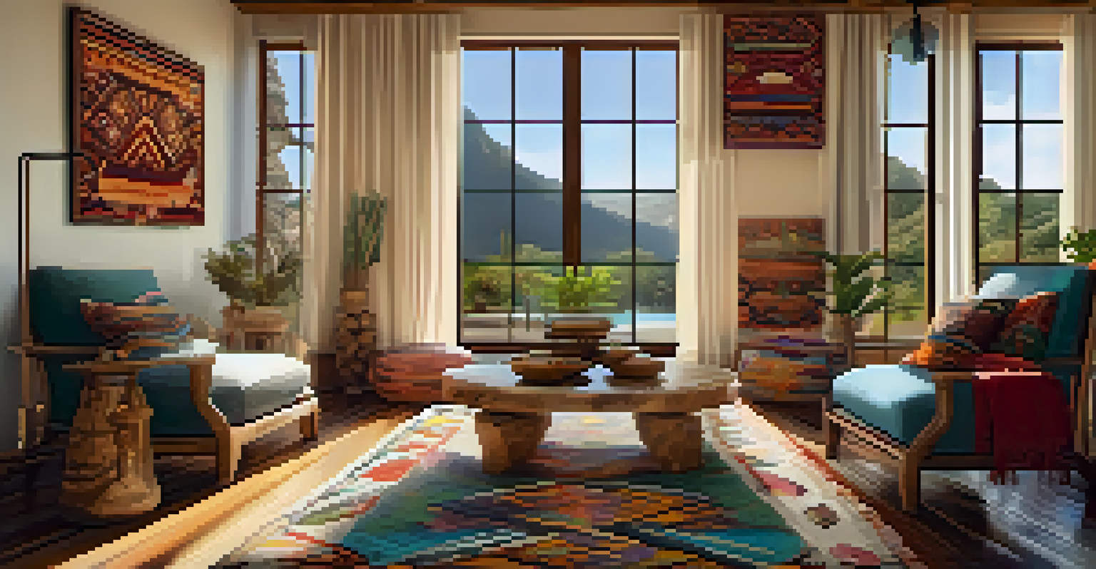 The interior of a private villa, featuring modern luxury with traditional Peruvian decor, vibrant textiles, and warm natural light.