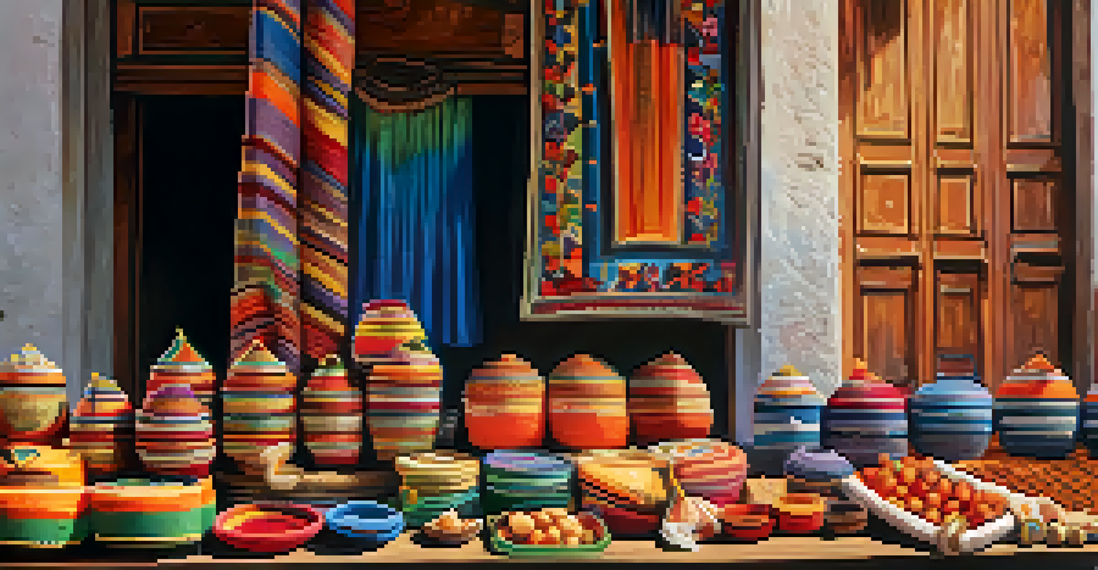 A detailed view of a vendor's stall showcasing traditional crafts and foods at a festival.