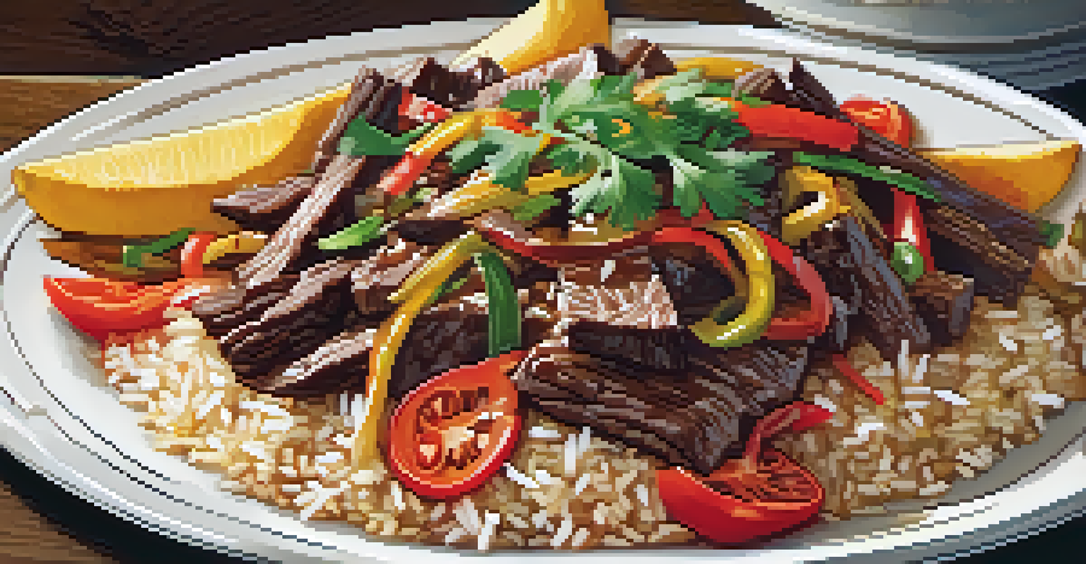 A plate of lomo saltado with beef, onions, tomatoes, and fries, beautifully arranged on a rustic wooden table, showcasing the vibrant colors of the dish.