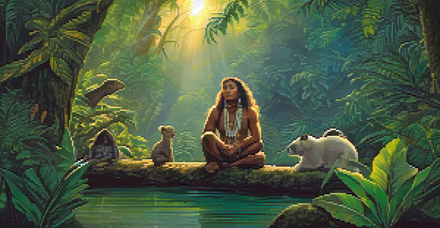 An artistic representation of the Chullachaqui spirit in the Amazon rainforest, surrounded by animals and plants.