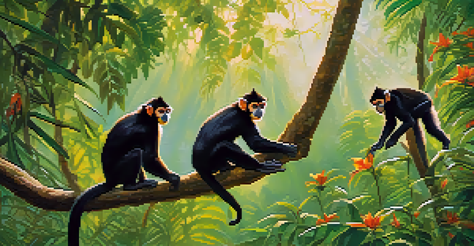 Rehabilitated spider monkeys joyfully swinging in the trees of the Amazon rainforest, surrounded by vibrant foliage and flowers, during their release back into the wild.