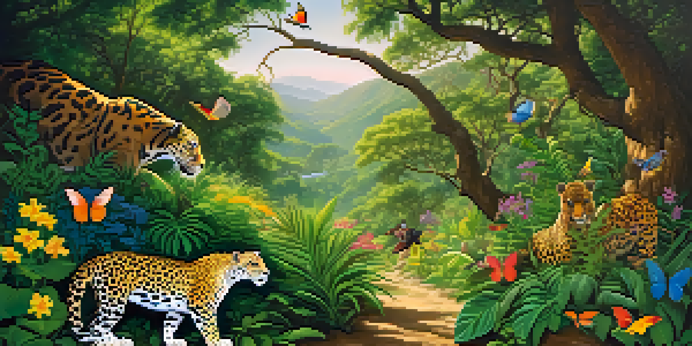 A vibrant wildlife corridor in Peru with a jaguar on a branch, colorful birds, and butterflies in a lush green landscape.