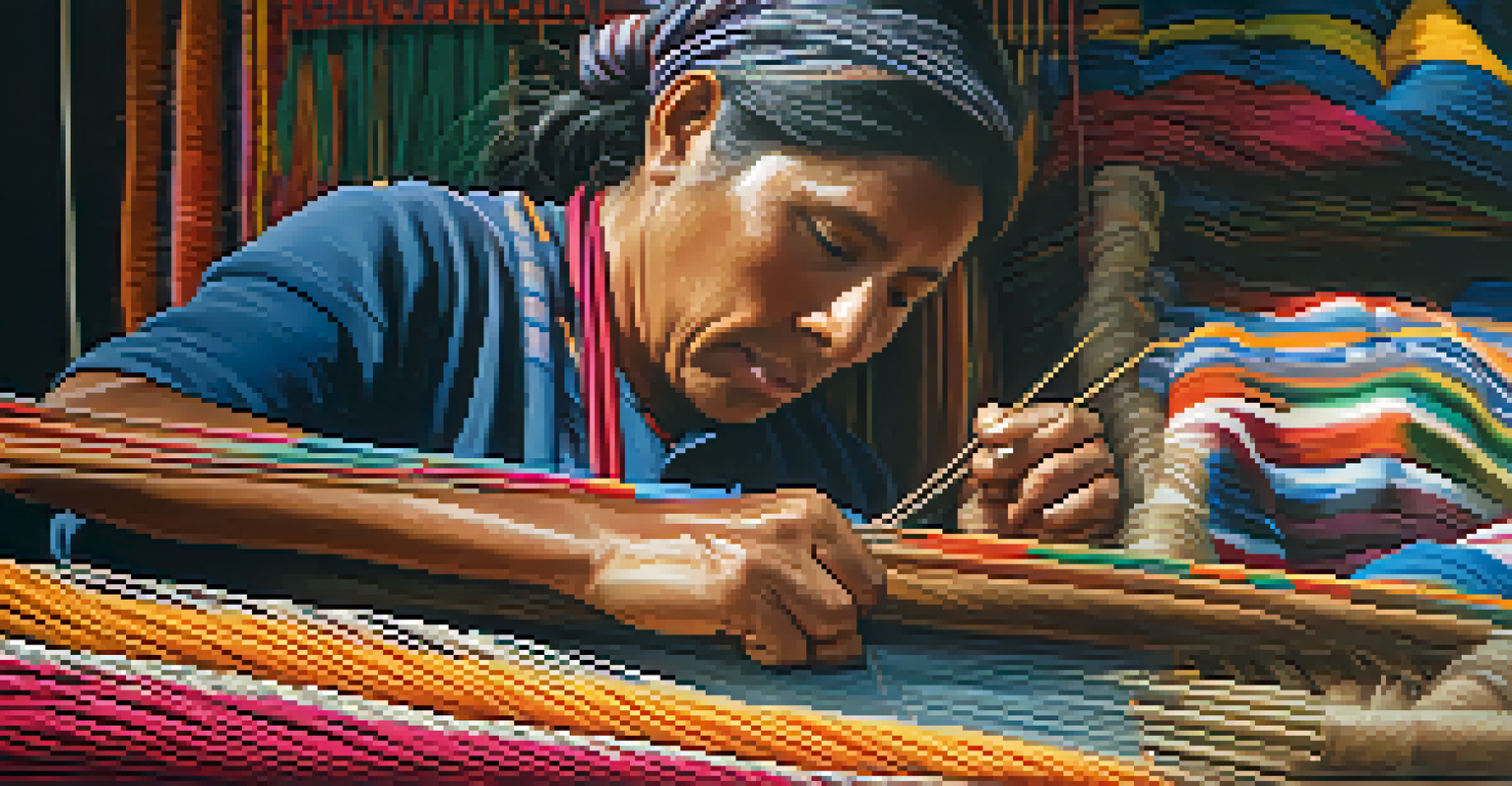 An artisan weaving a colorful textile, showing intricate patterns and a focused expression in soft natural light.