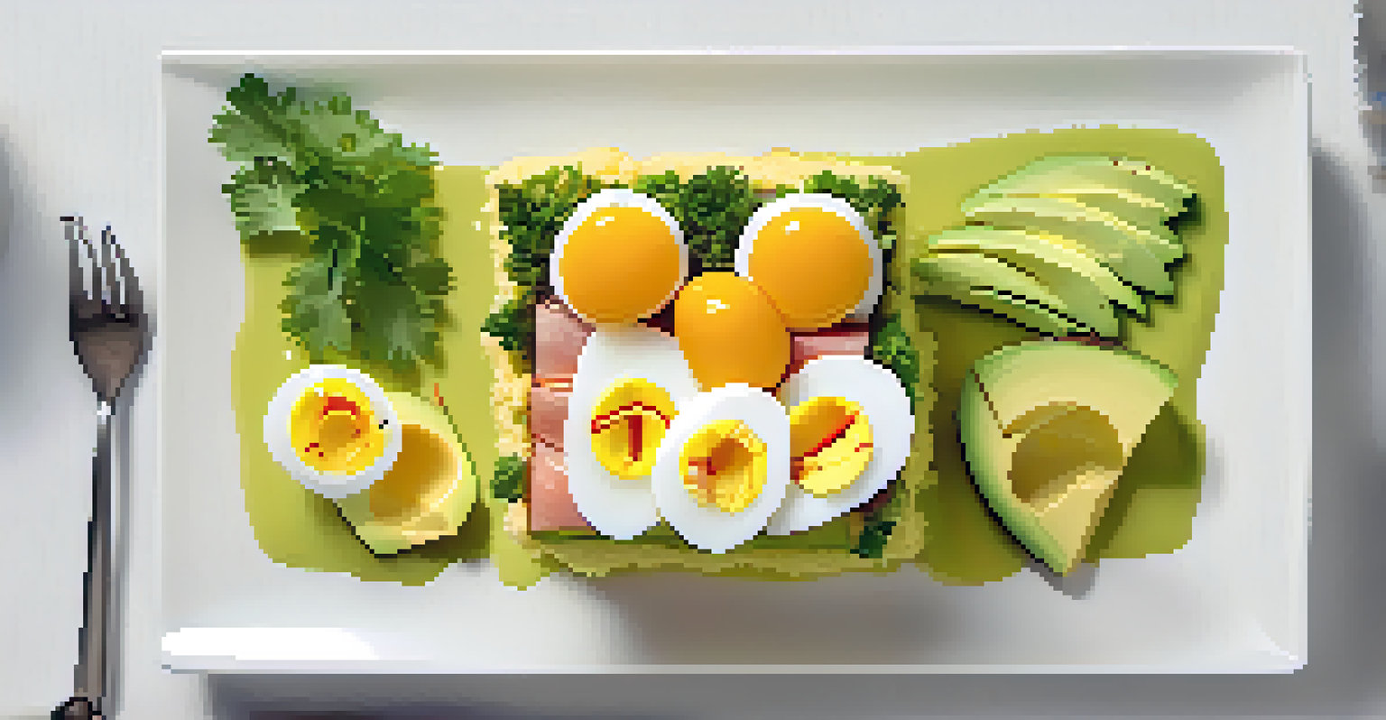 An overhead view of a causa dish with layers of potatoes, avocado, and chicken, garnished with eggs and aji pepper on a white plate.