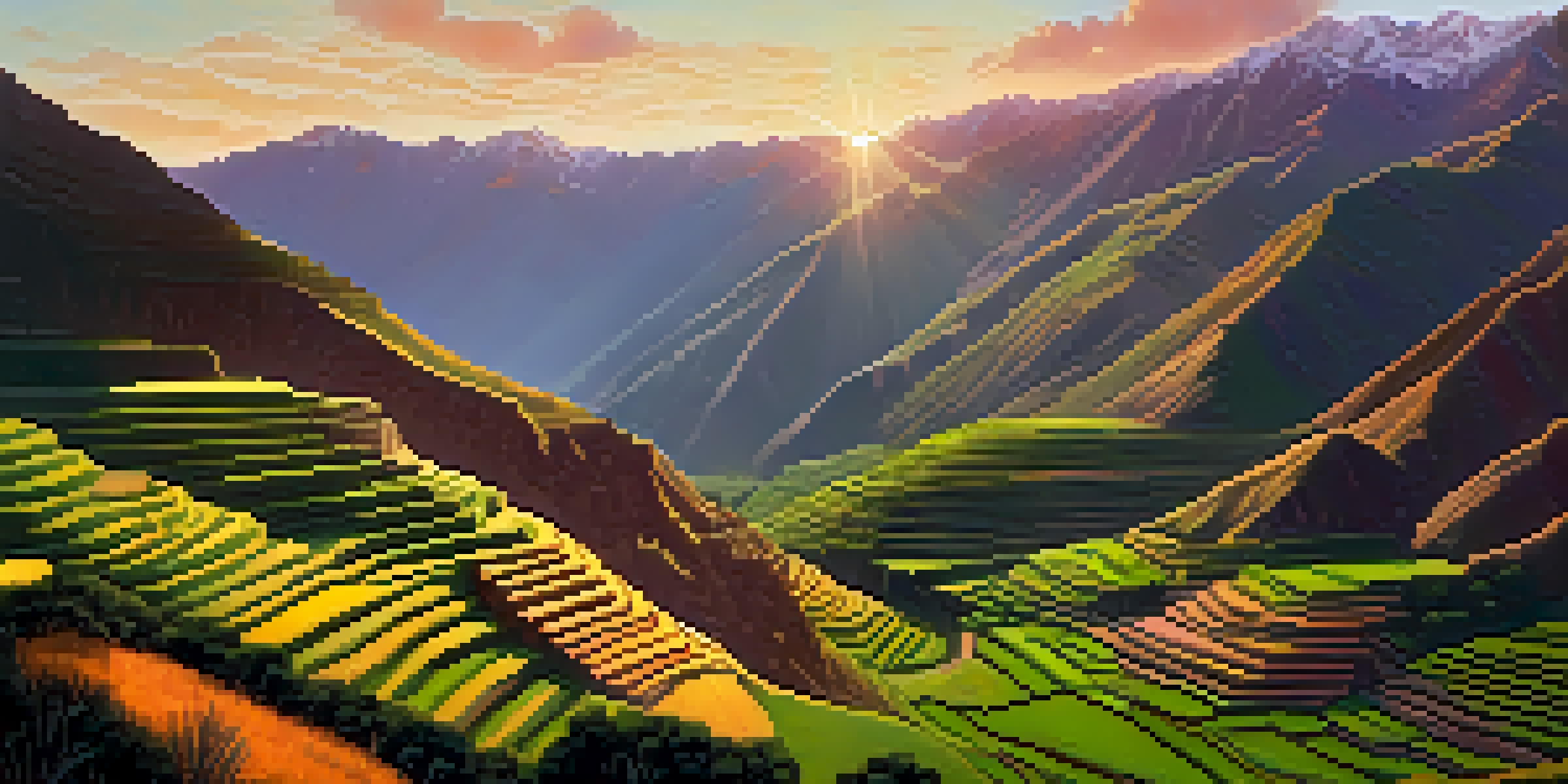 A scenic view of the Sacred Valley at sunrise, featuring green terraces and ancient ruins, with the sky glowing in warm colors.