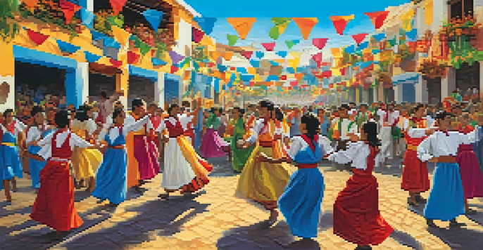 A lively festival scene showcasing colorful decorations, people dancing in traditional outfits, and grape vines, with tables featuring local food and drinks.
